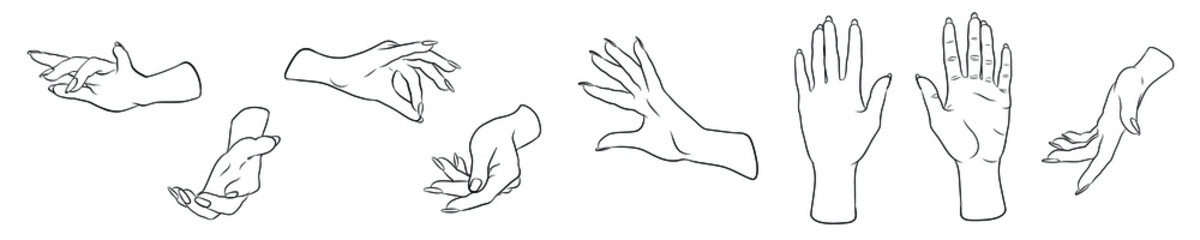 Set of hand drawn linear female hands. Vector human hands isolated on white background. Hands gestures. Tattoo. Magic, boho, mystic, occult, esoteric, spiritual, witchcraft design elements