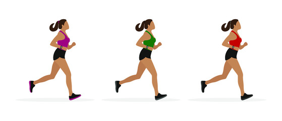 Three female characters in sportswear running on a white background