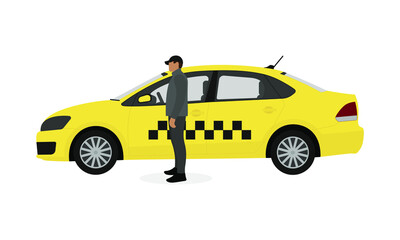 A male character stands near a yellow taxi on a white background