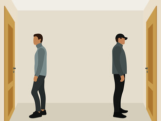 Two male characters stand in front of closed doors indoors