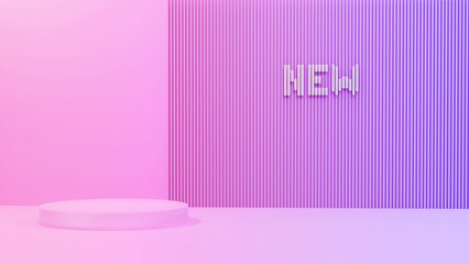 Podium with the inscription "new", light background. Mock up for the exhibitions, presentation of products, 3D render.