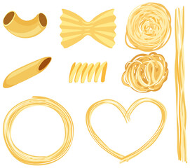 Set of different pastas isolated