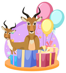 Two gazelle with gift boxes and balloons