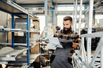 An industry worker checking on bus construction in vehicle production factory.