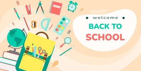Welcome back to school for websites and promotional materials. Kid backpack. Stationery pictograms.  Horizontal banner, poster.  Sale of leaflets, advertising.  Vector  illustration.
