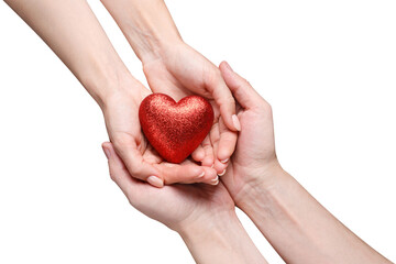 Male and female hands holding a red love heart, isolated on white background