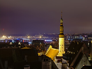 Nocturnal High angle view of downtown Tallinn, Estonia and Holy spirit church