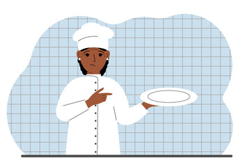 Sad cook in a cap holds an empty plate in his palm. Vector