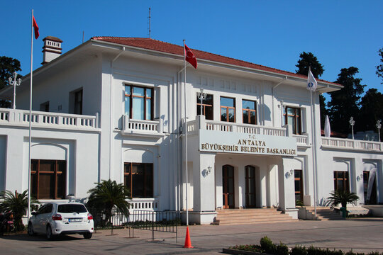 Antalya, Turkey - July 18, 2022: The building of Antalya Metropolitan Municipality City Theater in Karaalioglu park