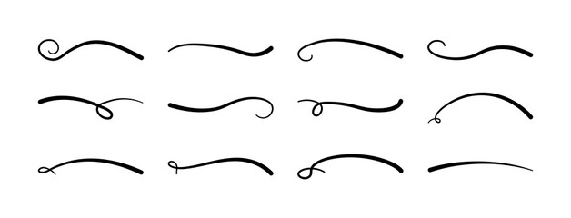 Obraz premium Swash, swoosh vector line, fireworks icon, swish and swoop, black underline set, hand drawn swirl and curly text elements isolated on white background. Doodle retro collection