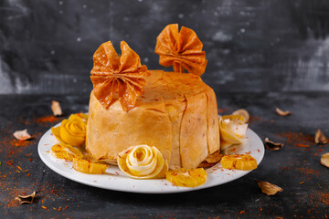 Traditional delicious Azerbaijani food, rice pilaf. Plov on the plate. Pirinc pilavi 