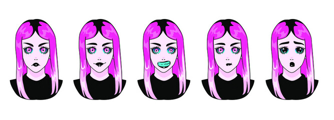 Design of a female gothic anime character showing different expressions and emotions.