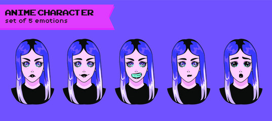 Design of a female gothic anime character showing different expressions and emotions.