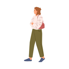 Woman in casual cloth walks with backpack, happy lifestyle of attractive female person. Vector stylish young girl walking, positive lady in trendy wear with rucksack