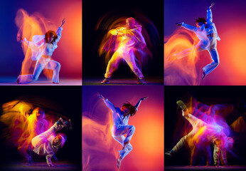 Collage with break dance or hip hop dancers dancing isolated over multicolored background in neon mixed light. Youth culture, freestyle, movement, music, fashion and action.