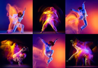 Poster Collage with break dance or hip hop dancers dancing isolated over multicolored background in neon mixed light. Youth culture, freestyle, movement, music, fashion and action. © master1305