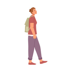 Young woman with rucksack walking in casual cloth. Vector flat cartoon character, stylish young girl walking, positive lady in trendy wear with rucksack, side view