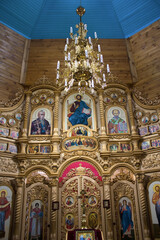 Fototapeta na wymiar Interior of the Wooden Church of St. Righteous Peter the Long-suffering in Kholodny Yar, Ukraine