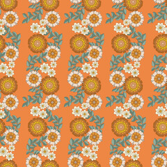Groovy flower pattern, plants, branches. Seamless retro texture in simple linear style, 60s-70s hippie era, psychedelic plants