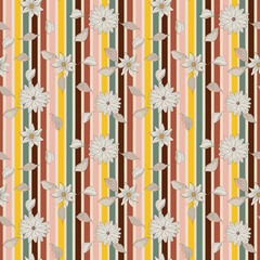 Groovy flower pattern, plants, branches. Seamless retro texture in simple linear style, 60s-70s hippie era, psychedelic plants