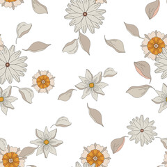 Groovy flower pattern, plants, branches. Seamless retro texture in simple linear style, 60s-70s hippie era, psychedelic plants