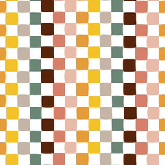 Minimalist seamless boho pattern with hand drawn spots, dots, rhombuses, squares, stripes in earthy palette. Template for scrapbooking, fabric and wrapping paper