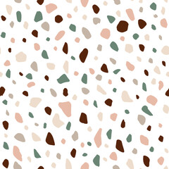 Minimalist seamless boho pattern with hand drawn spots, dots, rhombuses, squares, stripes in earthy palette. Template for scrapbooking, fabric and wrapping paper