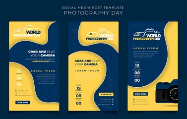 Social media post template in simple blue and yellow paper cut background for photography day design