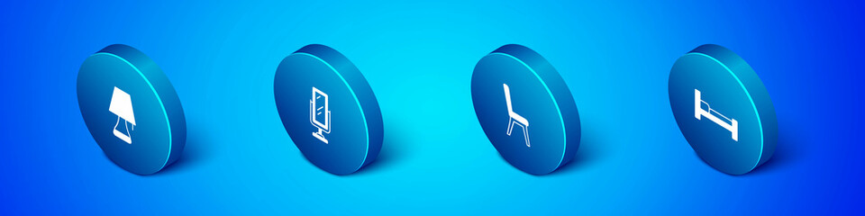 Set Isometric Table lamp, Chair, Bed and Big full length mirror icon. Vector