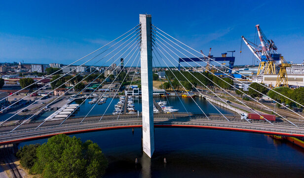 Bridge over docks aerial view