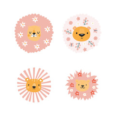 Cute lions with floral. Modern vector illustration