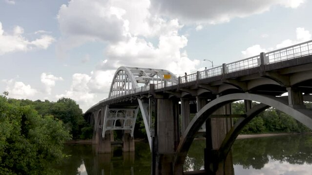 Edmund Pettus bridge in Selma, Alabama from below with pan in slow motion.