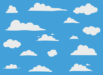 Cloud illustration. Design elements for web interface , weather forecast or cloud storage applications. White clouds set isolated on blue background. Vector illustration. Clouds silhouettes.
