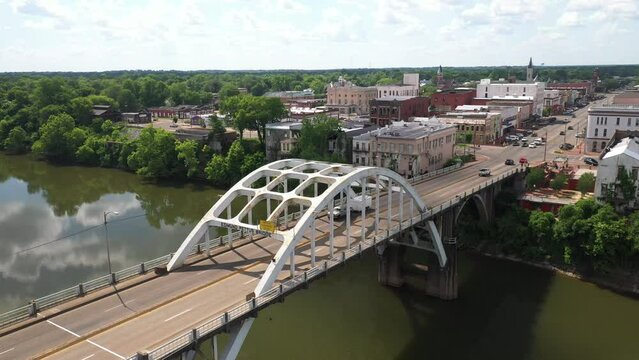 Edmund Pettus bridge in Selma, Alabama with drone video angled.