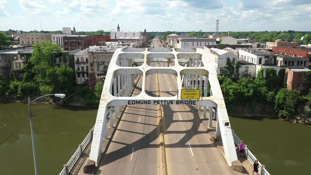 Edmund Pettus bridge in Selma, Alabama with drone video pulling out.