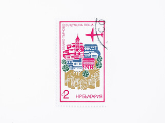 air mail, series of cities, Veliko Tarnovo. used postage stamp. circa 1970. Postal Seal. cancelled