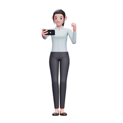 Business woman celebrating while looking at the phone screen, 3d render character illustration