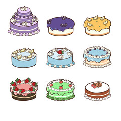 Set of kawaii Cakes.Cakes collection. cartoon Vector illustration of different types of beautiful and cute cakes.