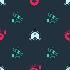 Set Life insurance, House flood and Light bulb hand on seamless pattern. Vector