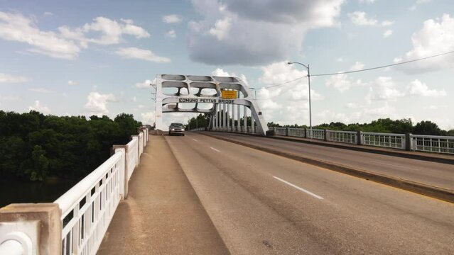 Edmund Pettus bridge in Selma, Alabama with gimbal video walking forward in slow motion.