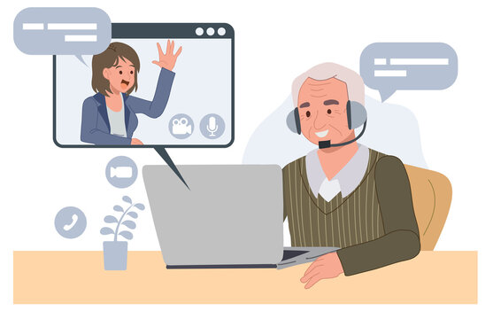 old man making video call with adult daughter, chatting communicating online using computer application, vector cartoon illustration
