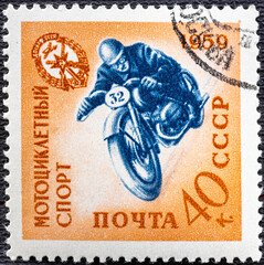USSR - CIRCA 1959: Stamp printed in USSR Russia shows motorcycle road racer, series Voluntary...