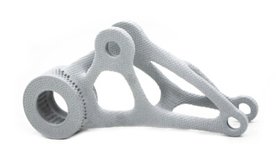 Model printed on 3D printer isolated on white background. Object details printed on 3D printer from plastic close-up. Prototype of shape made by 3d printer. Concept new modern printing technology