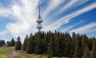 Fototapeta premium Tower Snezhana on peak of Snezhana covered with spruce forests in Rhodope mountains