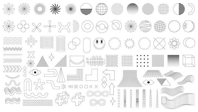 A set of trendy minimalistic linear icons and shapes for web design, posters, clothes, flyers, covers. Universal elements in vaporwave and brutalism style. Retro futurism shapes. Vector illustrations