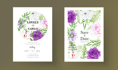 purple flower and leaves wedding invitation card template
