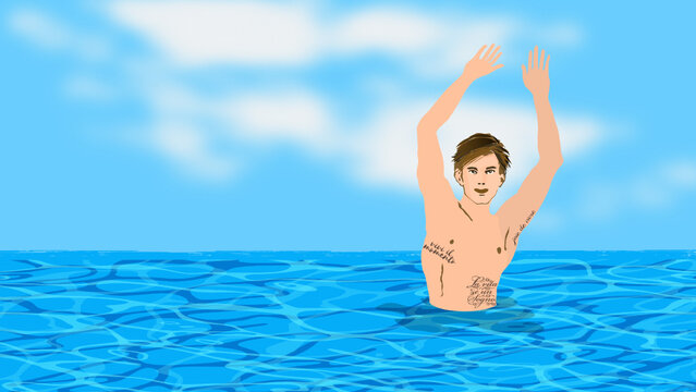Handsome young man shirtless with tattoos in different languages, raising both arm, smiling happily,  blue water against clear blue sky with white clouds, realistic minimalist illustration vector