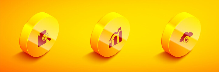 Set Isometric Document with graph chart, Financial growth and Cloud computing lock icon. Vector