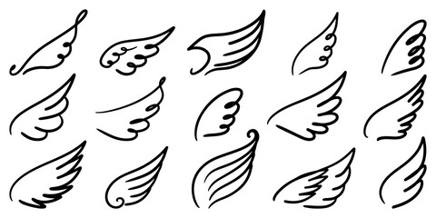 Set of Abstract Wings in line art doodle style  isolated on white background. vector illustration.