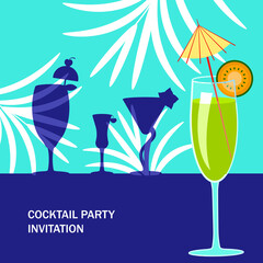 Exotic cocktail on bright blue and palm leaves background